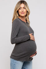 Charcoal Rib Knit Lettuce Trim Maternity Long Sleeve Top