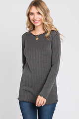 Charcoal Rib Knit Lettuce Trim Maternity Long Sleeve Top