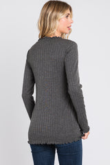 Charcoal Rib Knit Lettuce Trim Long Sleeve Top