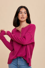 Magenta Waffle Knit Henley Top