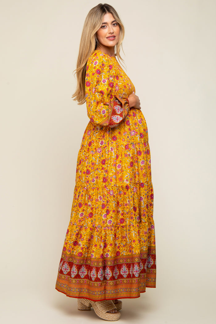 Gold Floral Smocked Tiered Maternity Maxi Dress