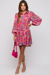 Magenta Floral Paisley Collared Button Front Dress