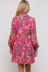 Magenta Floral Paisley Collared Button Front Maternity Dress