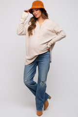 Beige Colorblock Waffle Knit Henley Maternity Top