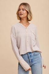 Beige Colorblock Waffle Knit Henley Maternity Top