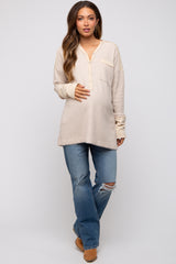 Beige Colorblock Waffle Knit Henley Maternity Top