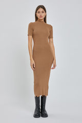 Mocha Knit Fitted Mock Neck Midi Dress