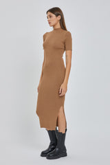 Mocha Knit Fitted Mock Neck Midi Dress