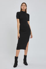 Black Knit Fitted Mock Neck Maternity Midi Dress