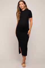 Black Knit Fitted Mock Neck Maternity Midi Dress