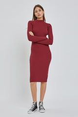 Burgundy Ribbed Fitted Mock Neck Long Sleeve Maternity Dress