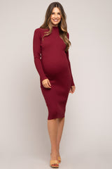 Burgundy Ribbed Fitted Mock Neck Long Sleeve Maternity Dress