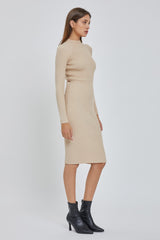 Beige Ribbed Fitted Mock Neck Long Sleeve Dress