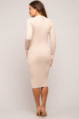 Beige Ribbed Fitted Mock Neck Long Sleeve Maternity Dress