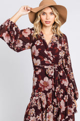 Burgundy Floral Chiffon Wrap Front Ruffle Midi Dress