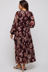 Burgundy Floral Chiffon Wrap Front Ruffle Maternity Midi Dress