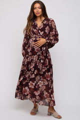 Burgundy Floral Chiffon Wrap Front Ruffle Maternity Midi Dress