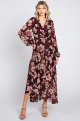 Burgundy Floral Chiffon Wrap Front Ruffle Midi Dress