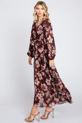 Burgundy Floral Chiffon Wrap Front Ruffle Maternity Midi Dress