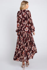 Burgundy Floral Chiffon Wrap Front Ruffle Midi Dress