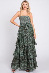 Olive Animal Print Flounce Tier Maternity Maxi Dress