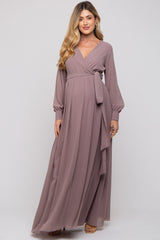 Taupe Chiffon Wrap Maternity Gown