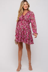 Burgundy Floral Ruffle Accent Maternity Dress