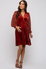 Rust Velvet Lace Sleeve Collared Tiered Maternity Dress