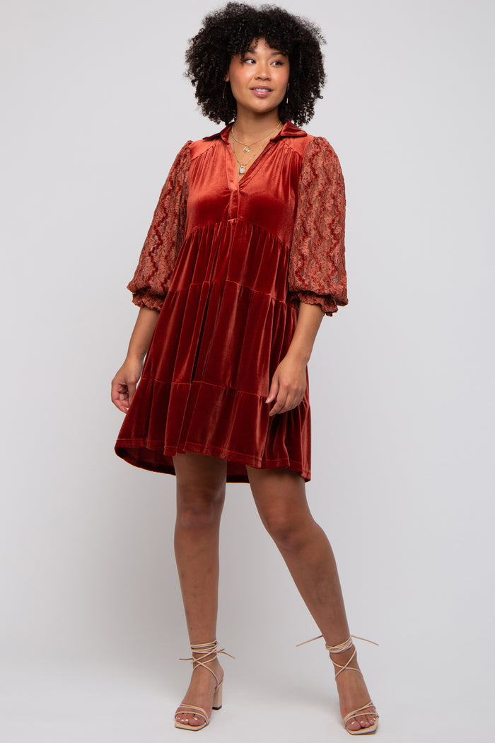 Rust Velvet Lace Sleeve Collared Tiered Dress