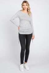 Heather Grey Striped Brushed Knit Ruched Top