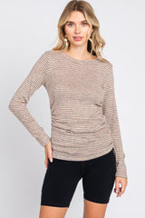 Taupe Striped Brushed Knit Ruched Maternity Top