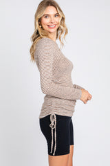 Taupe Striped Brushed Knit Ruched Top