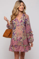 Pink Multicolor Floral Ruffle Balloon Sleeve Maternity Dress