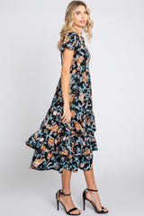 Black Floral Puff Sleeve Tiered Midi Dress