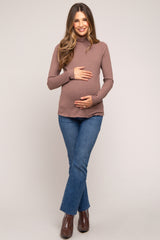 Brown Ribbed Long Sleeve Turtle Neck Maternity Top