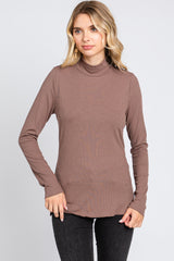 Brown Ribbed Long Sleeve Turtle Neck Top