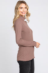 Brown Ribbed Long Sleeve Turtle Neck Top