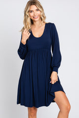 Navy Long Puff Sleeve Dress