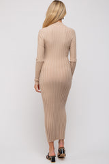 Beige Ribbed Turtle Neck Maternity Midi Dress