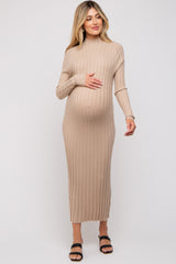 Beige Ribbed Turtle Neck Maternity Midi Dress