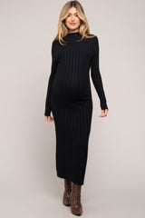 Black Ribbed Turtle Neck Maternity Midi Dress