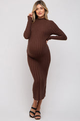 Brown Ribbed Turtle Neck Maternity Midi Dress