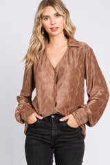 Mocha Wavy Pleated Button Up Blouse