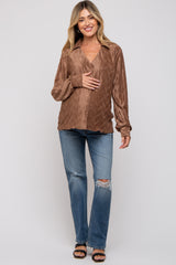 Mocha Wavy Pleated Button Up Maternity Blouse