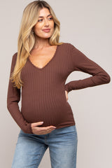 Brown Ribbed Lace V-Neck Maternity Top