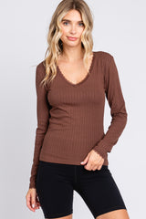 Brown Ribbed Lace V-Neck Maternity Top