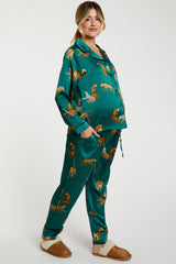 Forest Green Satin Animal Print Maternity Pajama Set