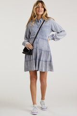 Blue Button Down Tiered Long Sleeve Maternity Dress