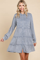 Blue Button Down Tiered Long Sleeve Dress