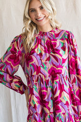 Magenta Floral Ruffle Mock Neck Dress